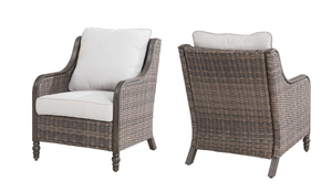 lot 303 image: Hampton Bay Windsor Brown Wicker Outdoor Patio Lounge Chair with CushionGuard Biscuit Tan Cushions (2-Pack) (OPEN BOX)