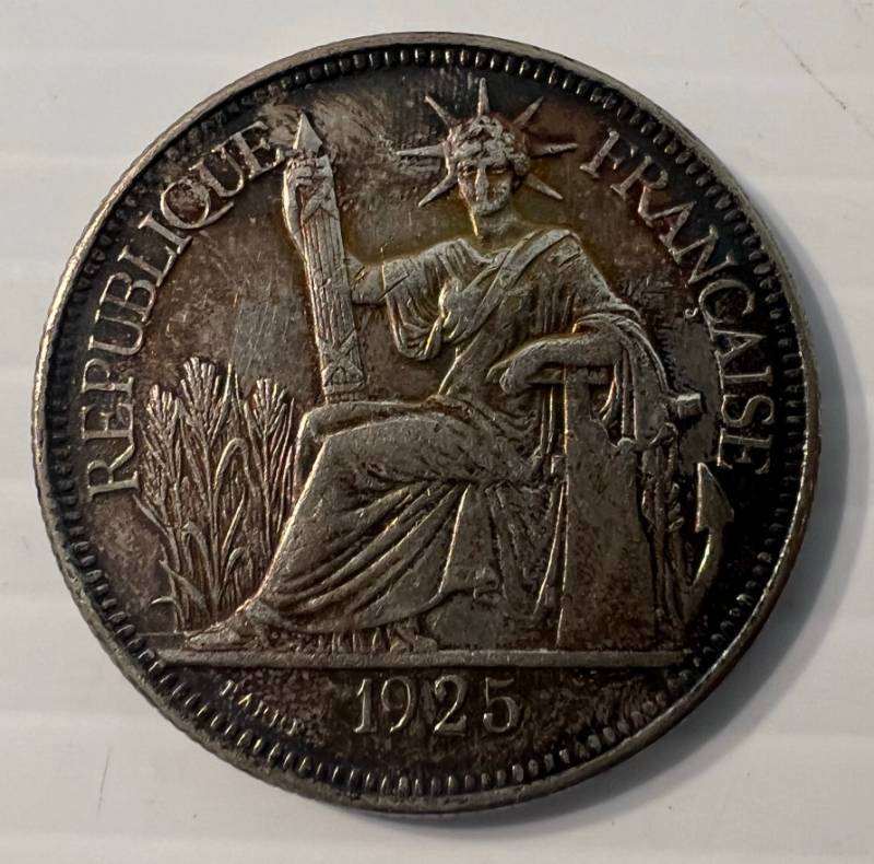 1925 French Indo-China (Indochina) Piastre Silver Crown Size Coin In Protective Case