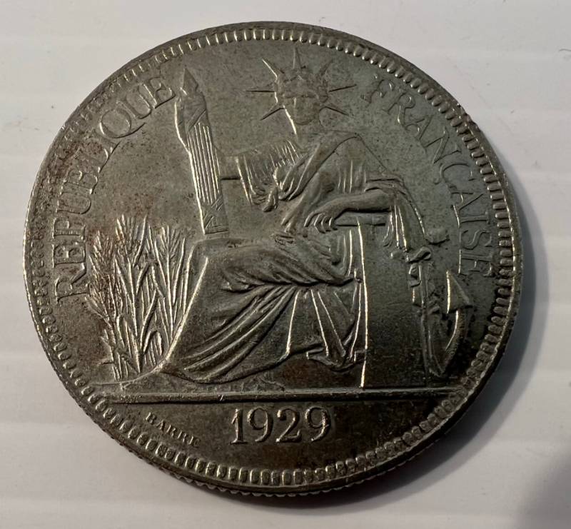 1929 French Indo-China (Indochina) Piastre Silver Crown Size Coin In Protective Case