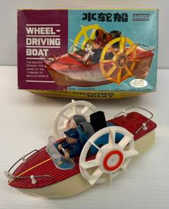 Vintage Key Wind Clockwork Wheel Driving Boat China Ms 879 (Rare) Wind Up Tin Toy W Box (No Key)