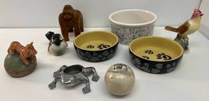 Group Of Misc. Animal Figurines , Dog Dish & Cat Dishes (New Never Used)