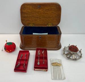 Vintage Oak Vanity Box From 1913 , Vintage Pin Cushions And More