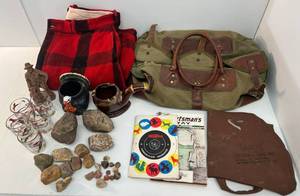 Large Group Of Hunting Items Including Green Canvas &amp Leather Handbag, Wool Hunting Pants And More