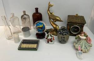 Group Of Misc. Antique Items Including Bottles, Brass Dolphins And More
