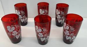 Six Vintage Anchor Hocking White Grape Ruby Red Glass Tumblers