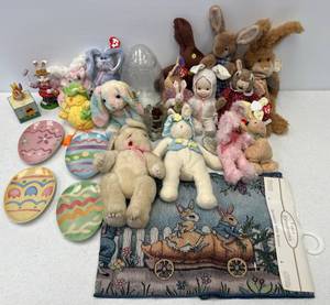 Large Group Of Misc. Eater Items Including Longaberger Plates Plush Bunnies And More