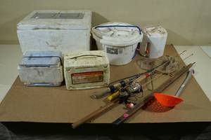 lot 151 image: Assorted Fishing Gear - Ice Rods, Bait Containers