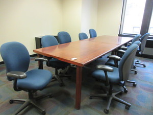 lot 607 image: WOODEN CONFERENCE TABLES WITH HERMAN MILLER UPHOLSTERED, ADJUSTABLE OFFICE CHAIRS