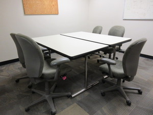 lot 664 image: WORK TABLES WITH HERMAN MILLER AMBI CHAIRS