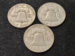 GROUP OF 3 US FRANKLIN HALF DOLLARS 1952-D 1954-D 1960-D