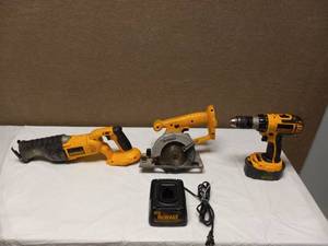 lot 49 image: DEWALT 3 PIECE CORDLESS TOOL SET WITH CHARGER