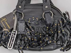 New B. Makowsky Black Leather Studded Fringe Bag