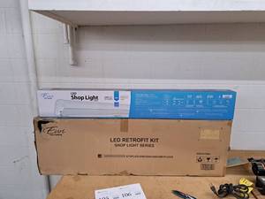 lot 106 image: Lot of (4) Euri Lighting 4 Suspended 2-Lamp Plug-In LED Shop Light (New in Box)
