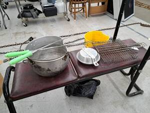 lot 349 image: Lot of (5) Camping Gear - Sandwich Griddle, Covered Pot, Stock Pot, Grill Forks (x2)