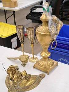 lot 368 image: Brass Dcor - Wine Glasses, Bird Statue, Urn, Wall-Mount Candle Holders