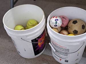 lot 381 image: Lot of (2 Buckets) Sports Balls - Baseballs, Soft Balls, Soccer Ball, Plastic Balls and more