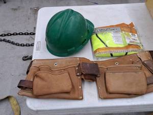 lot 355 image: Tools - Leather Tool Belt, Green Hard Hat, Safety Works Class 2 Safey Vest Yellow Size 2XL (in package)