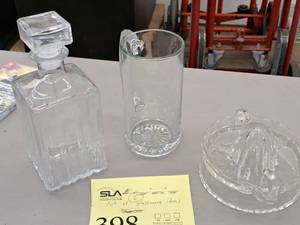 lot 398 image: Lot of (3) Glassware - Liquor Carafe with Lid, Beer Mug, Candy Dish