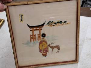 lot 504 image: Oriental Woman with Deer Embroidery Art , Framed