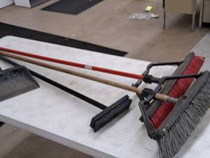 lot 194 image: Lot of (3) Push Brooms with Plastic Dust Pan