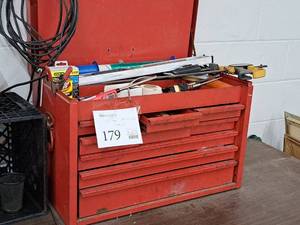 lot 179 image: Tool Chest 9-drawer with Hand Tools - Level, Pipe Wrench, Pliers, Hardware, Wrenches, Ratchet, Misc. Tools