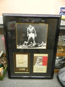 Ali CUSTOM FRAMED 3 SIGNATURE PIECE - 1 OF A KIND AMAZING FANTASTIC PIECE - Muhammad Ali vs Sonny Liston The Phantom Punch - APPROX 34 By 45 By 4 DEEP - PLEASE SEE PICTURES