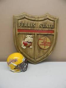 RARE - VINTAGE FERRIS STATE COLLEGE SKICO PLAQUESEAL WITH Vintage Ferris State University 70s SCHUTT mini football helmet & Two mini cowbells - GREAT COLLECTION - SEE PICTURES