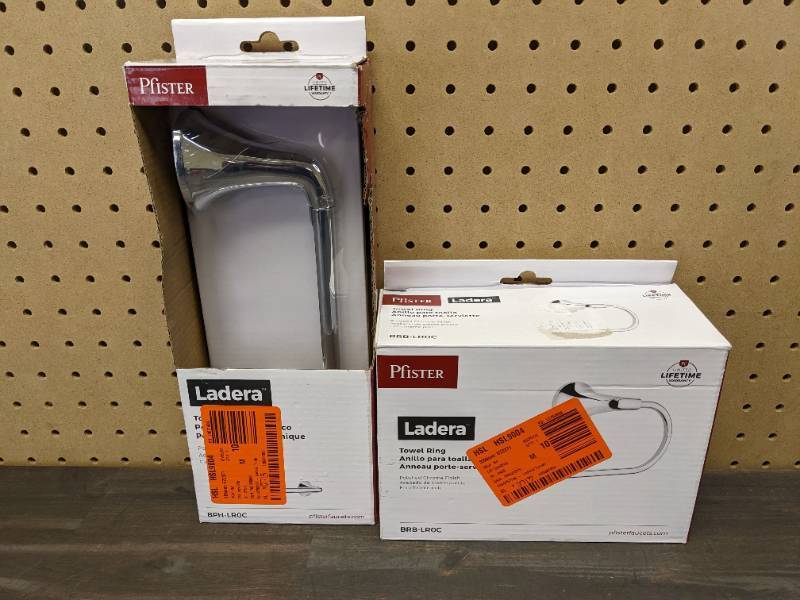 lot 56 image: New Pfister Ladera Toilet Paper Holder and Towel Ring in Polished Chrome Finish