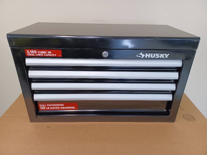 lot 38 image: Husky 26 in. W x 12 in. D Standard Duty 4-Drawer Top Tool Chest in Gloss Black