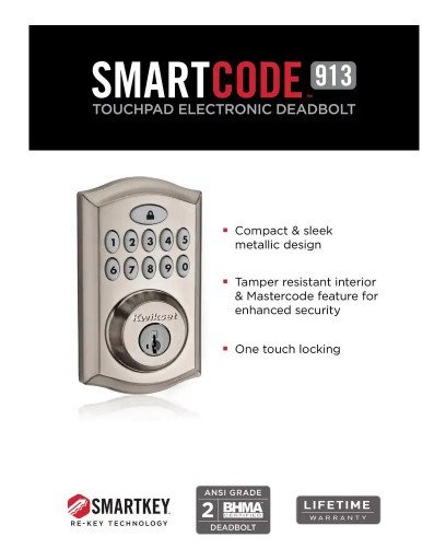 lot 110 image: Kwikset SmartCode 913 Satin Nickel Single Cylinder Keypad Electronic Deadbolt Featuring SmartKey Security