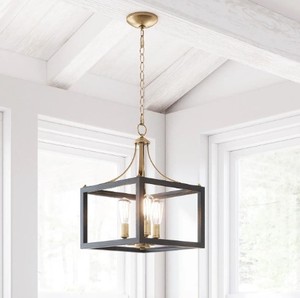 lot 20 image: New Hampton Bay Boswell Quarter 14 in. 3-Light Vintage Brass Farmhouse Square Chandelier with Painted Black Distressed Wood Accents