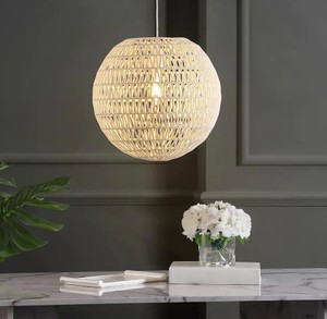 lot 113 image: Luna 15.75 in. 1-Light Cream Bohemian Modern Woven RattanIron LED Pendant in White by Jonathon J