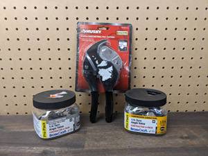 lot 41 image: Husky 1-14 in. Ratcheting PVC Cutter, BrassCraft (5-Pack) of 12 in. Comp Inlet x 38 in. Comp Outlet 14-Turn Angle Valves, and a (3-Pack) of 12 in. Push Connect Inlet x 38 in. Comp Outlet 14-Turn Angle Stops