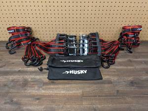 lot 44 image: 2 Sets of Husky (4-Pack) 16 ft. 1.25 in. Ratchet Tie-Down Straps with S-Hook