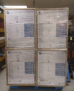 lot 160 image: Pallet of 8 Glacier Bay All-in-One Stainless Steel 24 in Laundry Sinks with Faucet and Storage Cabinet in White