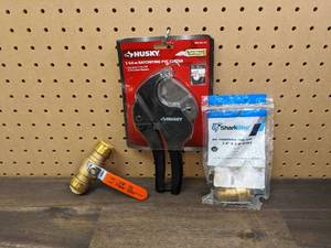 lot 84 image: SharkBite 34 in. Push-to-Connect Brass Ball Valve, 34 in. Push-to-Connect Brass 90-Degree Elbow Fitting, and a Husky 1-14 in. Ratcheting PVC Cutter