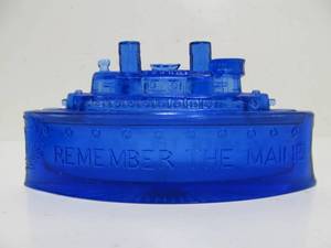lot 81 image: Antique Cobalt Blue Glass REMEMBER THE MAINE Ship Box