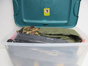 lot 181 image: Large Bin FULL of New and Lightly Used HuntingCamping Equipment & Gear #1