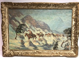 lot 2 image: Original 1930s era Oil on Canvas Painting Western American Artist Leonard Lopp (1888-1974) - Pack Train