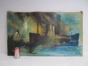 lot 50 image: Signed Vintage Oil on Canvas Steamship Painting