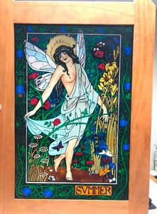 lot 35 image: Lovely Vintage Colorful Stained Glass Style Framed window Hanging - Summer