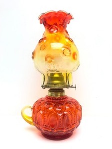 lot 32 image: Vintage Flambe RedYellow Crackle Glass Vase & Oil Lamp