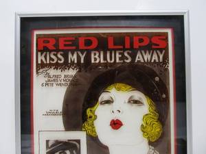 lot 328 image: Vintage 1970s Reverse on Glass Artwork - Red Lips Kiss My Blues Away