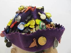 lot 330 image: Awesome Vintage 1950s era Beanie Cap FULL of Charms Trinkets etc