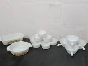 lot 25 image: Collection of Cornucopia Milk Glass Ovenware & Dishware