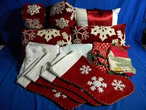 lot 85 image: Christmas Lot Full of Stockings, Pillows, Cooking Aprons, Sheets (See Photos)