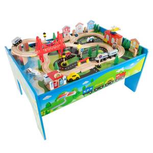 lot 38 image: Brand New - Open Box Item HeyPlay 75-Pc. Deluxe Wooden Train Set Table