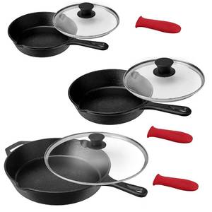 lot 104 image: Brand New MegaChef 9-Pc. Pre-Seasoned Cast Iron Skillet Set with Lids and Red Silicone Holder