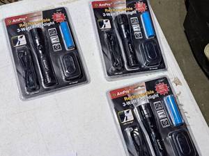 lot 356 image: Lot of (3) AmPro Rechargeable 3-Watt Flashlights (New In Packaging)