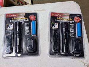 lot 355 image: Lot of (2) AmPro Rechargeable 3-Watt Flashlights (New In Packaging)